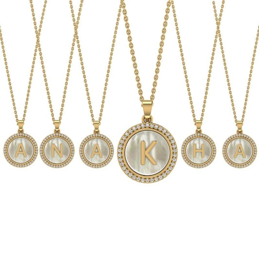Personalised Yellow Gold Initial on MOP Name Pendant